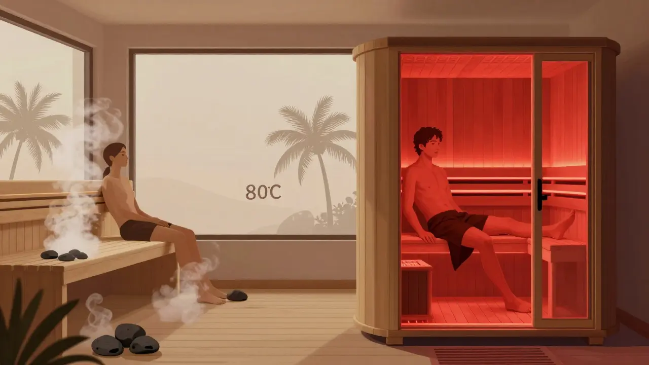 Side-by-side depiction of traditional and infrared saunas in a Dubai wellness center.