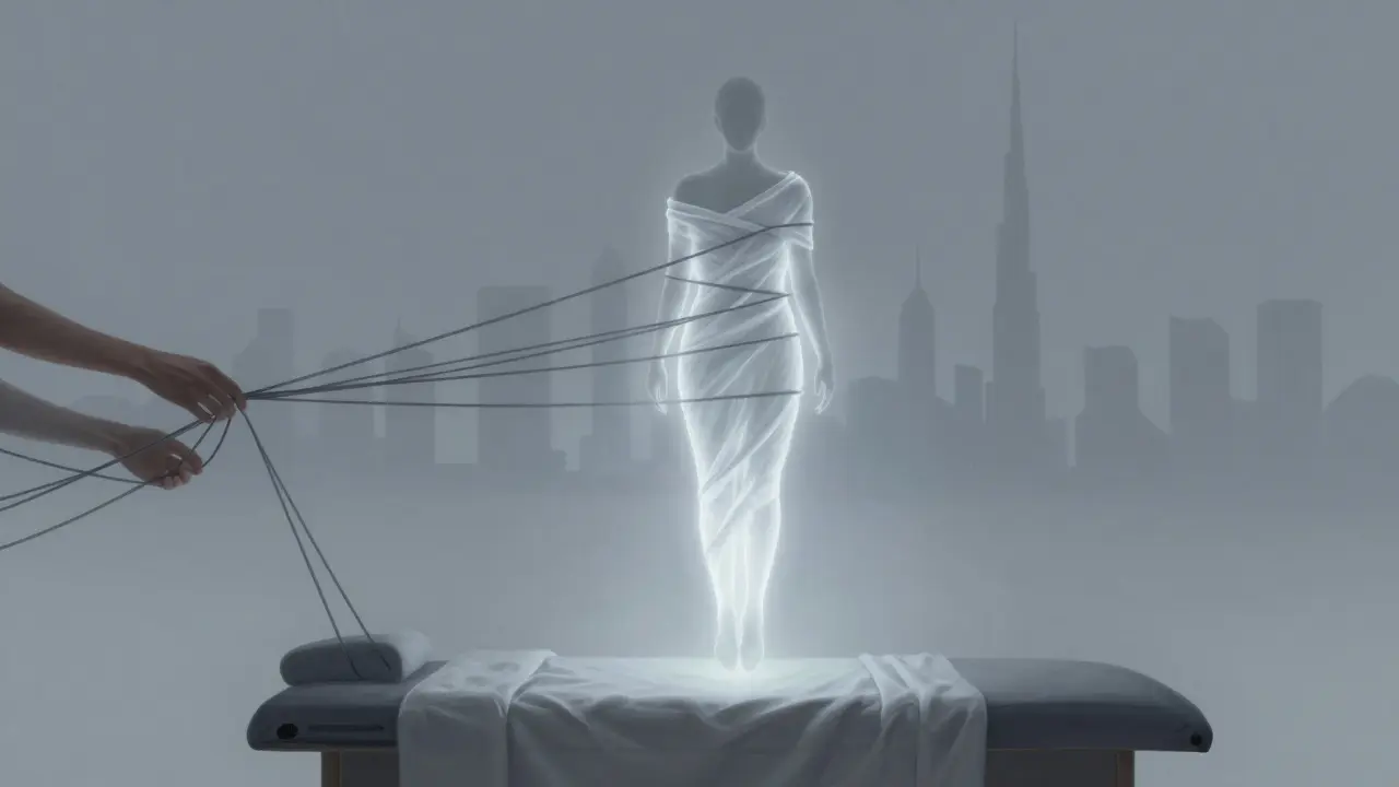 Silhouette wrapped in glowing sheet as dark tension threads dissolve, symbolizing stress relief.