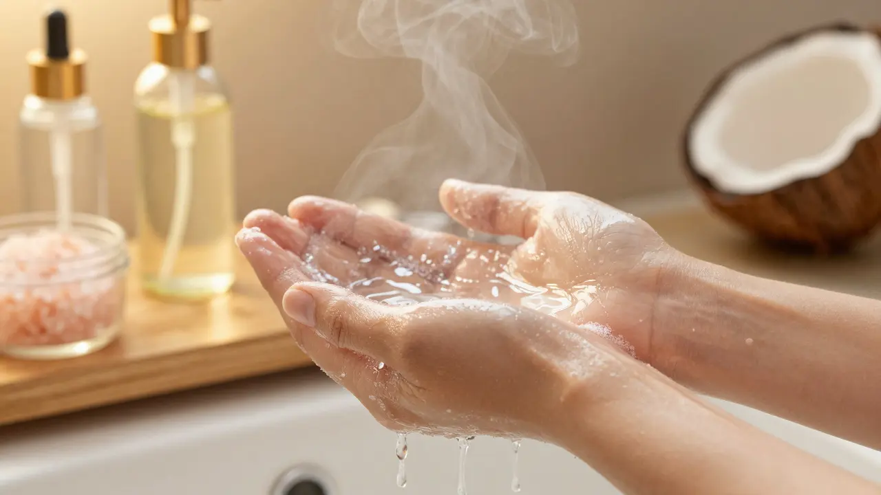 Smooth skin glistening after rinsing off scrub, with natural products nearby.