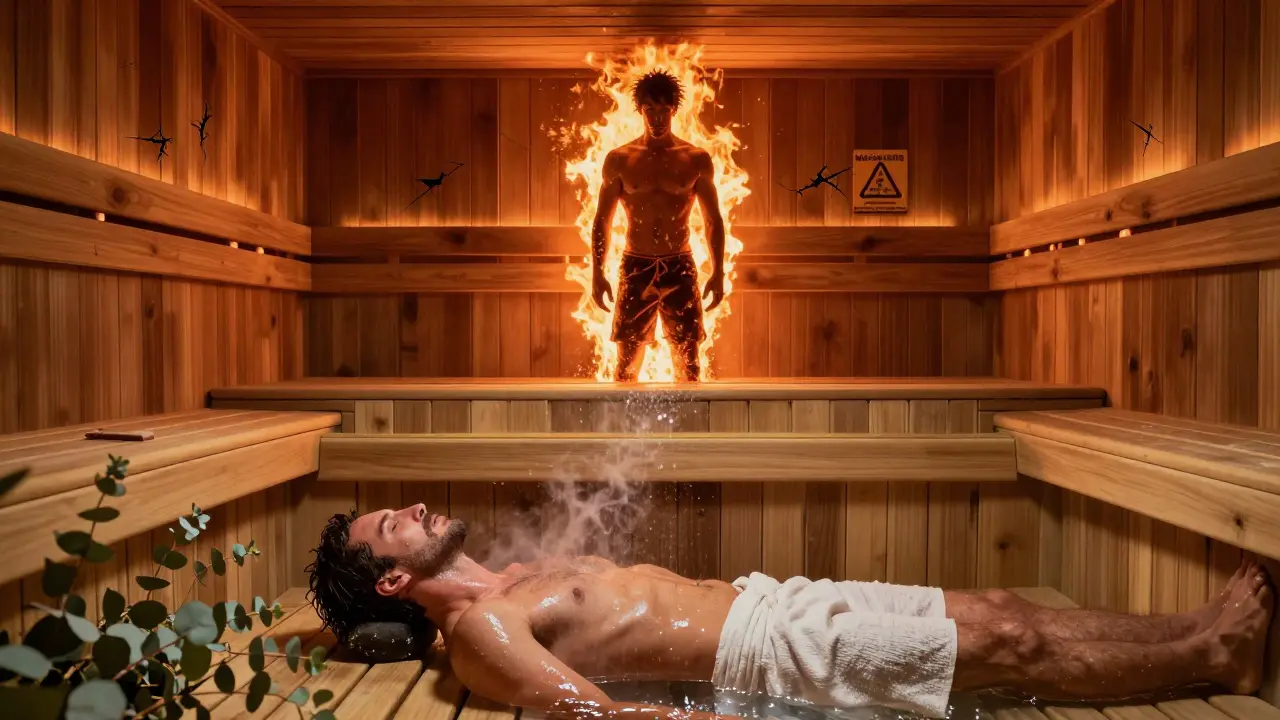 Split image contrasting the dangerous myth of 200°C sauna with the safe reality of 80°C.