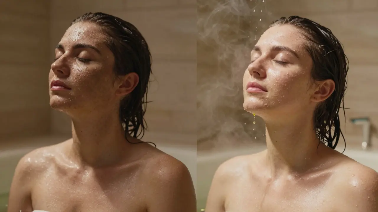 Split image showing dull skin transforming into radiant skin after a hammam session with steam and oil droplets.