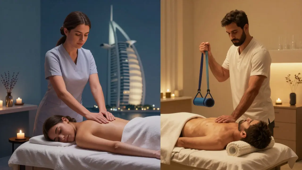 Split scene: female therapist in luxury spa vs. male therapist in sports studio, representing different massage styles in Dubai.