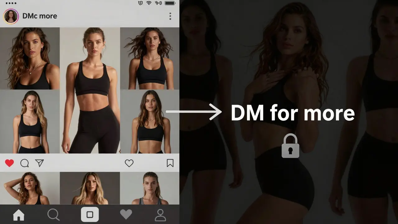 Split-screen: clean Instagram feed on one side, hidden adult content hinted on the other.