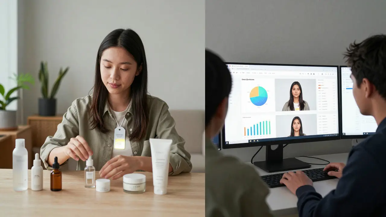 Split-screen: micro-influencer arranging skincare products next to brand team reviewing analytics on dashboard.