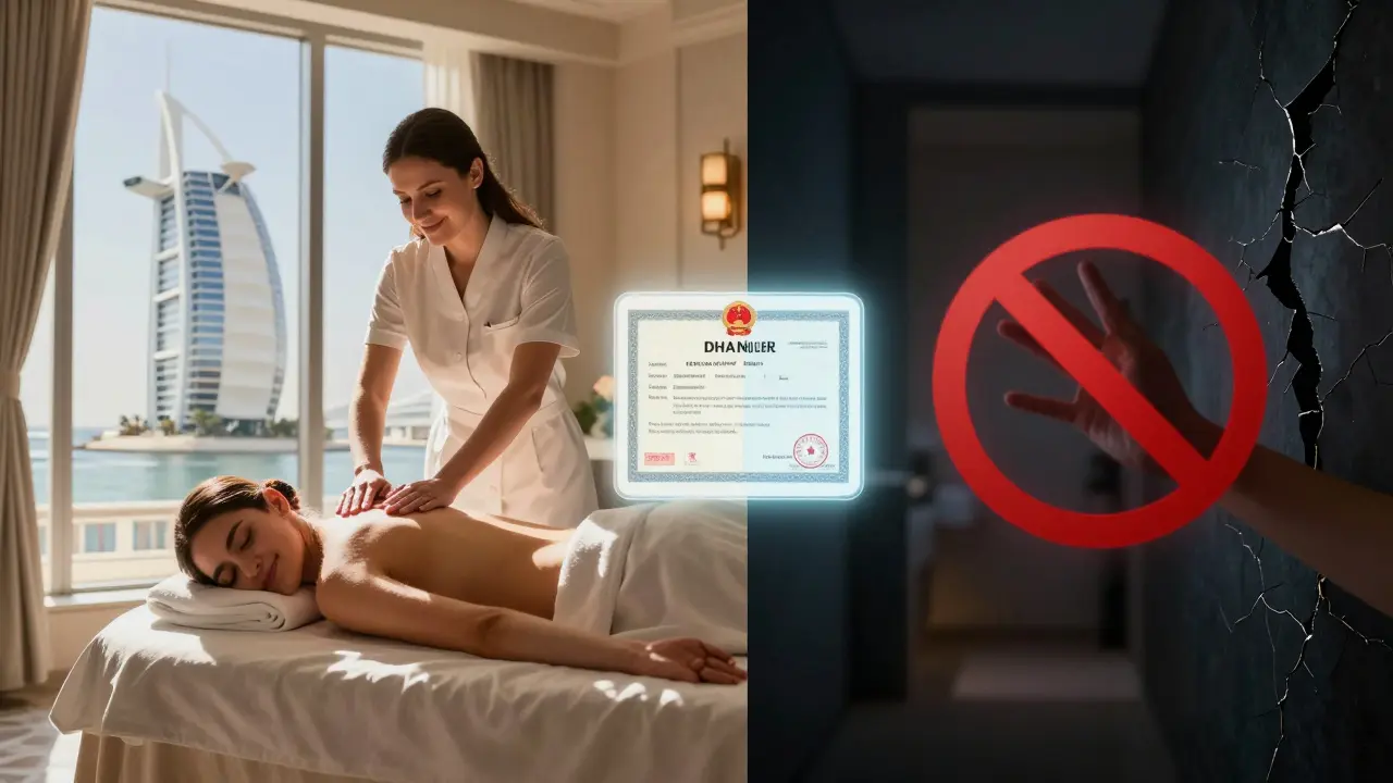 Split-screen: serene legal spa on one side, dangerous illegal service on the other, with a DHA license as a symbol of safety.