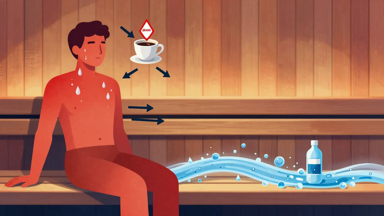 Stylized human figure showing fluid loss after sauna with coffee diuretic symbol vs. water rehydration path.