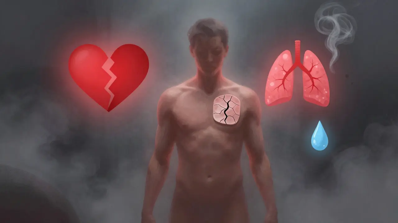 Symbolic representation of health risks from steam rooms: heart, lung, skin, and water icons in haze.