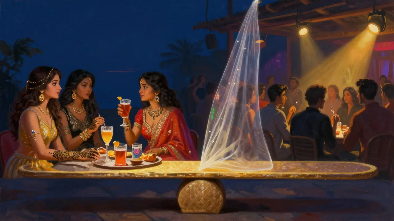 Symbolic scale contrasting empowered women&#039;s night out with crowded male-dominated club.