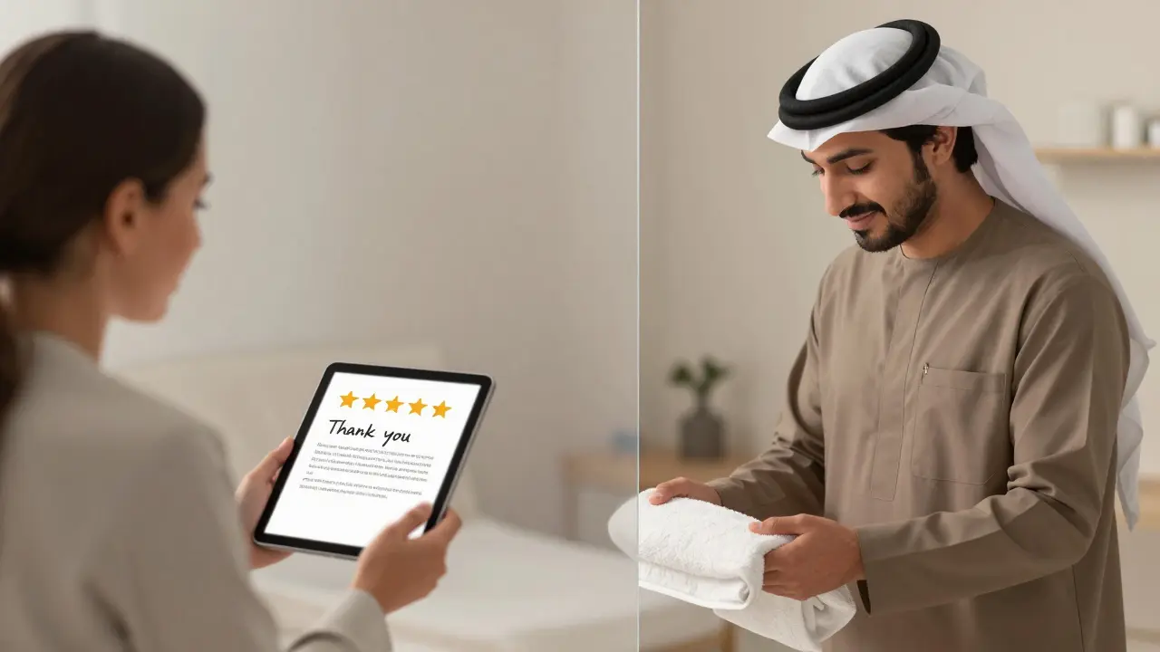 Symbolic split image: thank-you note and review on one side, therapist with towel on the other.