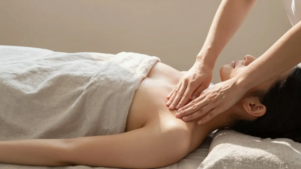 Therapist performing gentle lymphatic drainage massage on a client's collarbone in a quiet wellness clinic.