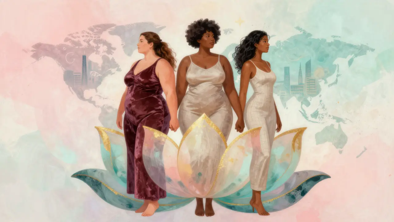 Three diverse models forming a lotus silhouette, symbolizing global body diversity with flowing textures and soft colors.