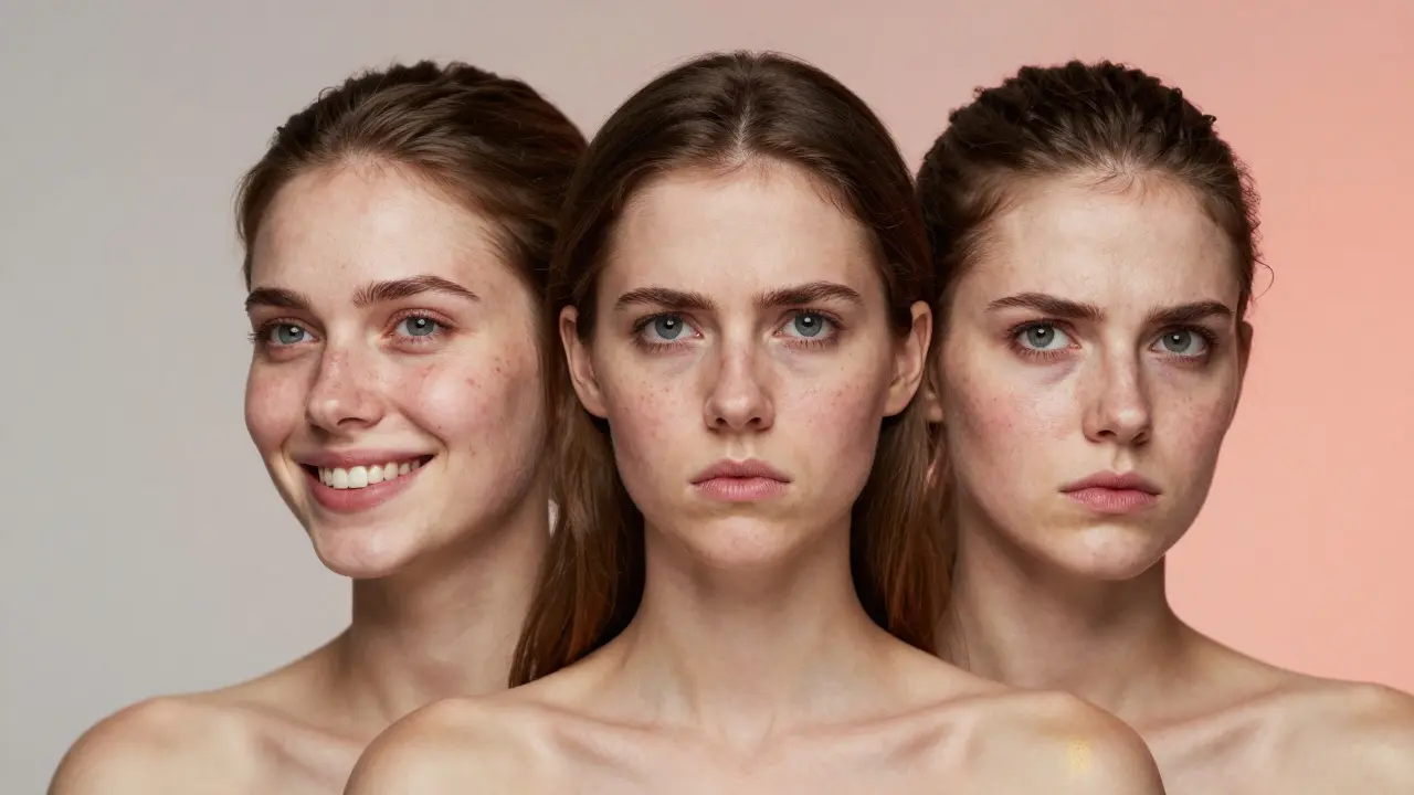 Three overlapping portraits of a woman with acne showing different emotions, symbolizing the rise of real skin in modeling.