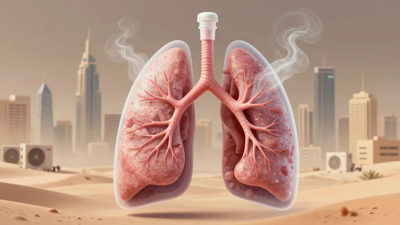 Transparent lungs with steam particles clearing mucus, set against a dusty Dubai cityscape.