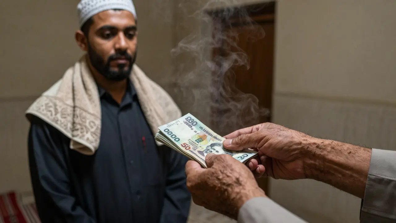 Weathered hands hand cash tips to a hammam attendant in a quiet changing room, towels and steam in background.