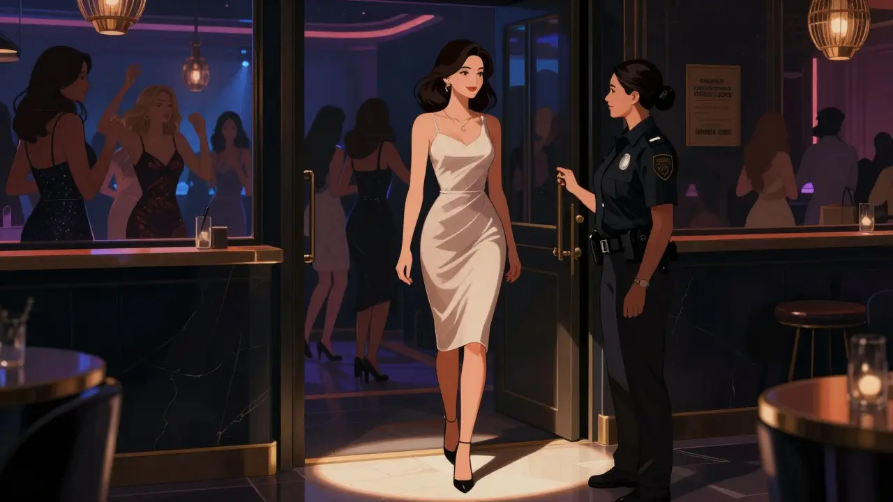Woman being welcomed at a Dubai nightclub by female security, dressed elegantly.