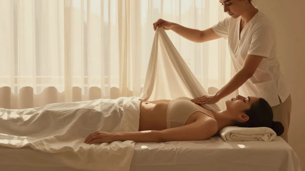 Woman under a linen sheet during a massage, therapist working on shoulder while body remains covered.