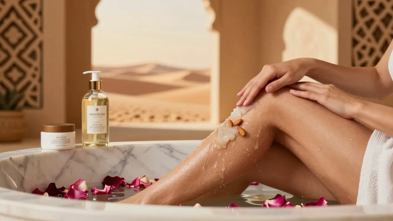 Woman using a luxury rose-scented body scrub in a desert-inspired spa setting