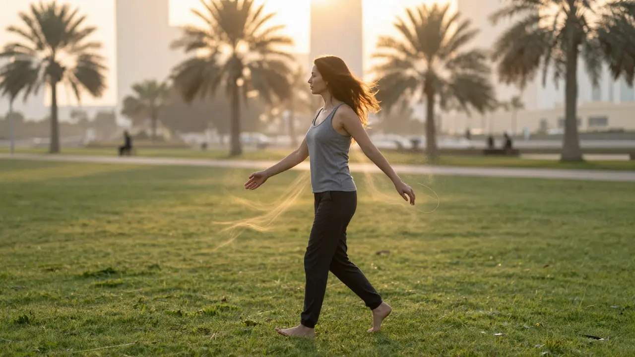 Woman walking barefoot on grass at sunrise in Dubai park, arms swinging, sunlight illuminating subtle energy flow.