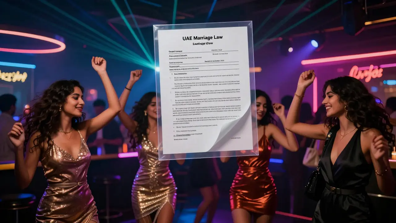 Women dancing at a Dubai nightclub during Ladies Night, with a legal document subtly superimposed.