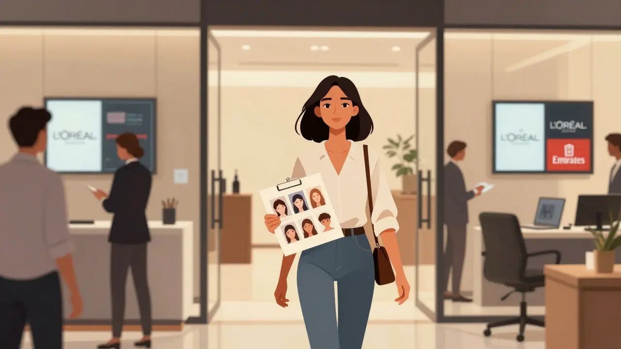 Young woman entering a modern Dubai modeling agency with brand logos visible on digital screens.