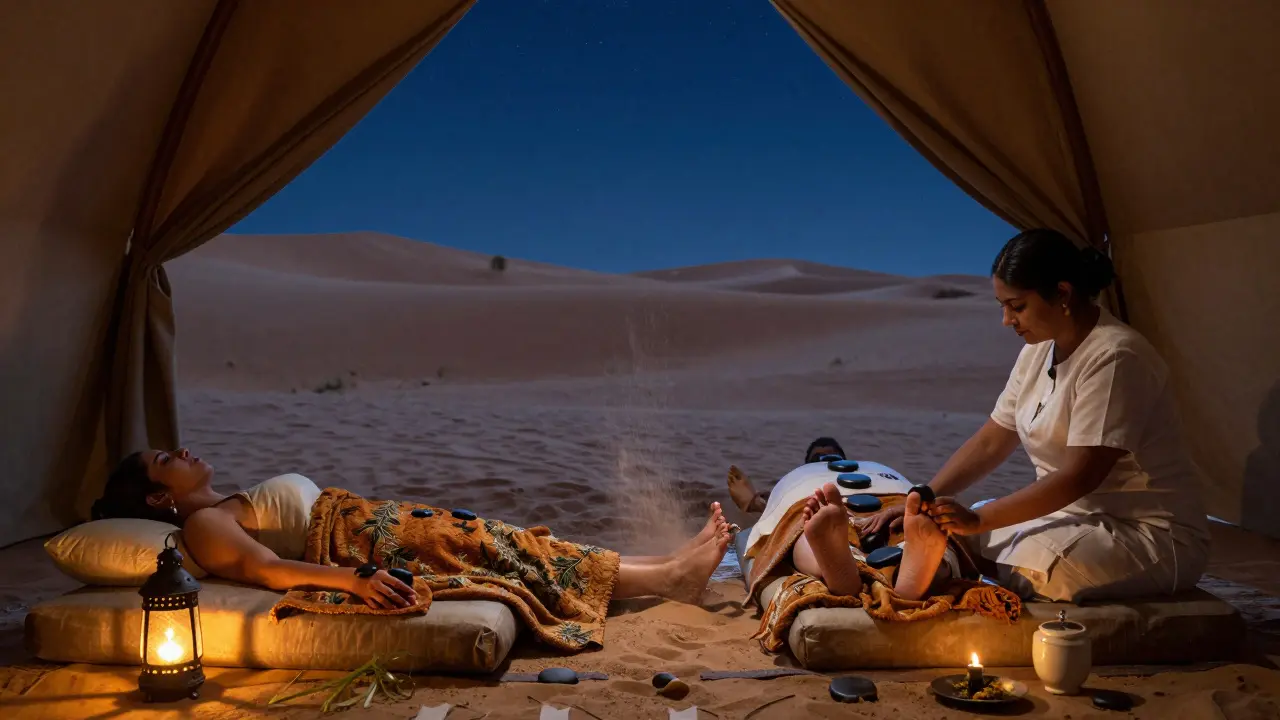 A couple enjoying a desert foot spa under stars in a Bedouin tent, with heated stones and sand around them.