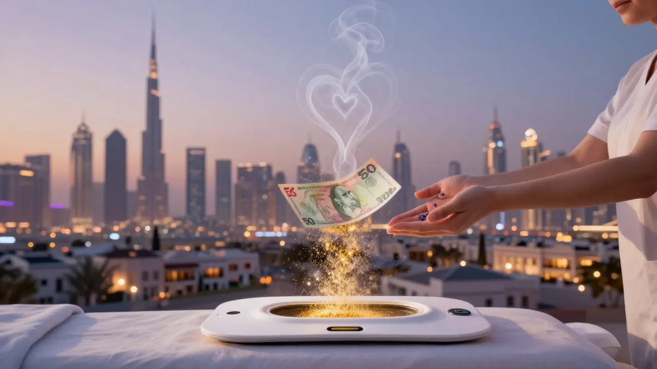 A floating 50 AED bill turning into golden dust above a massage table, with steam and oil droplets rising toward Dubai's skyline.