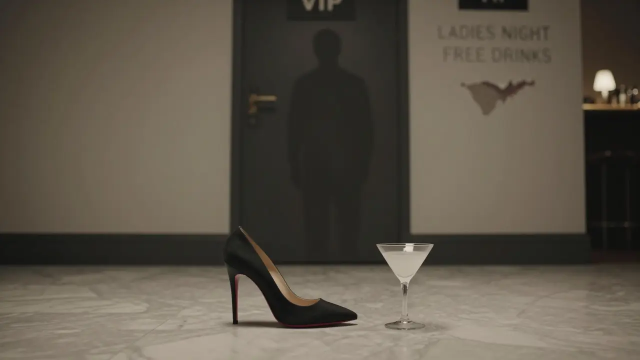 A lone high-heeled shoe beside an empty glass in a luxury venue, a shadow blocking the exit, hinting at coercion.