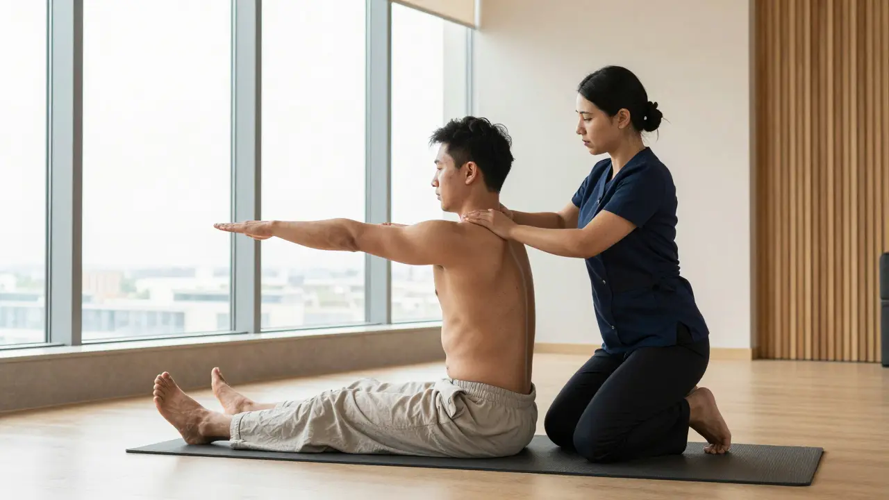 A man in loose pants receiving a Thai massage from a female therapist on a mat in a bright, clean wellness center.