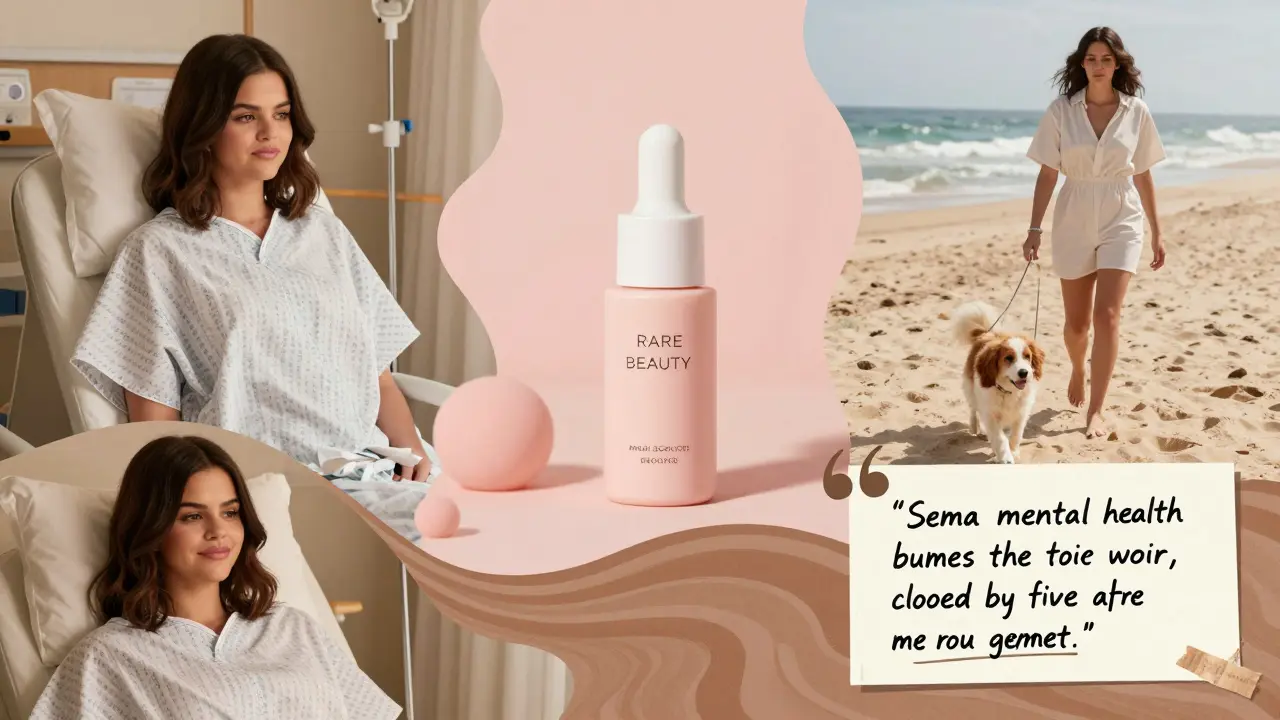 A mosaic of Selena Gomez’s authentic Instagram moments: hospital, beach, beauty brand, and quotes.