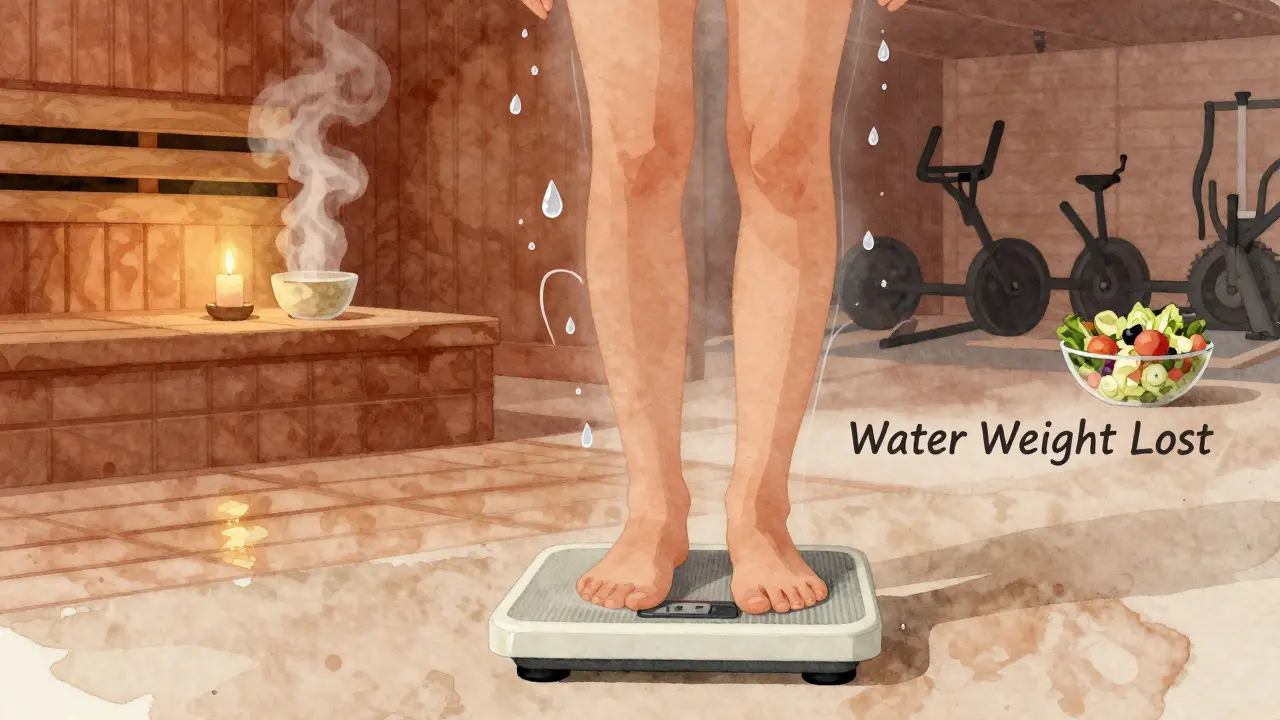 A person steps off a scale as water weight evaporates, with hammam steam in the background and gym equipment fading away.