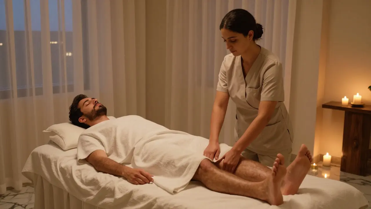 A professional female therapist gives a foot massage to a male client in a calm, luxurious Dubai spa.