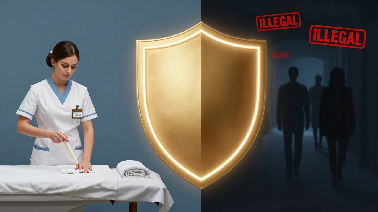 A symbolic split image showing legal, professional massage on one side and illegal massage parlors on the other.