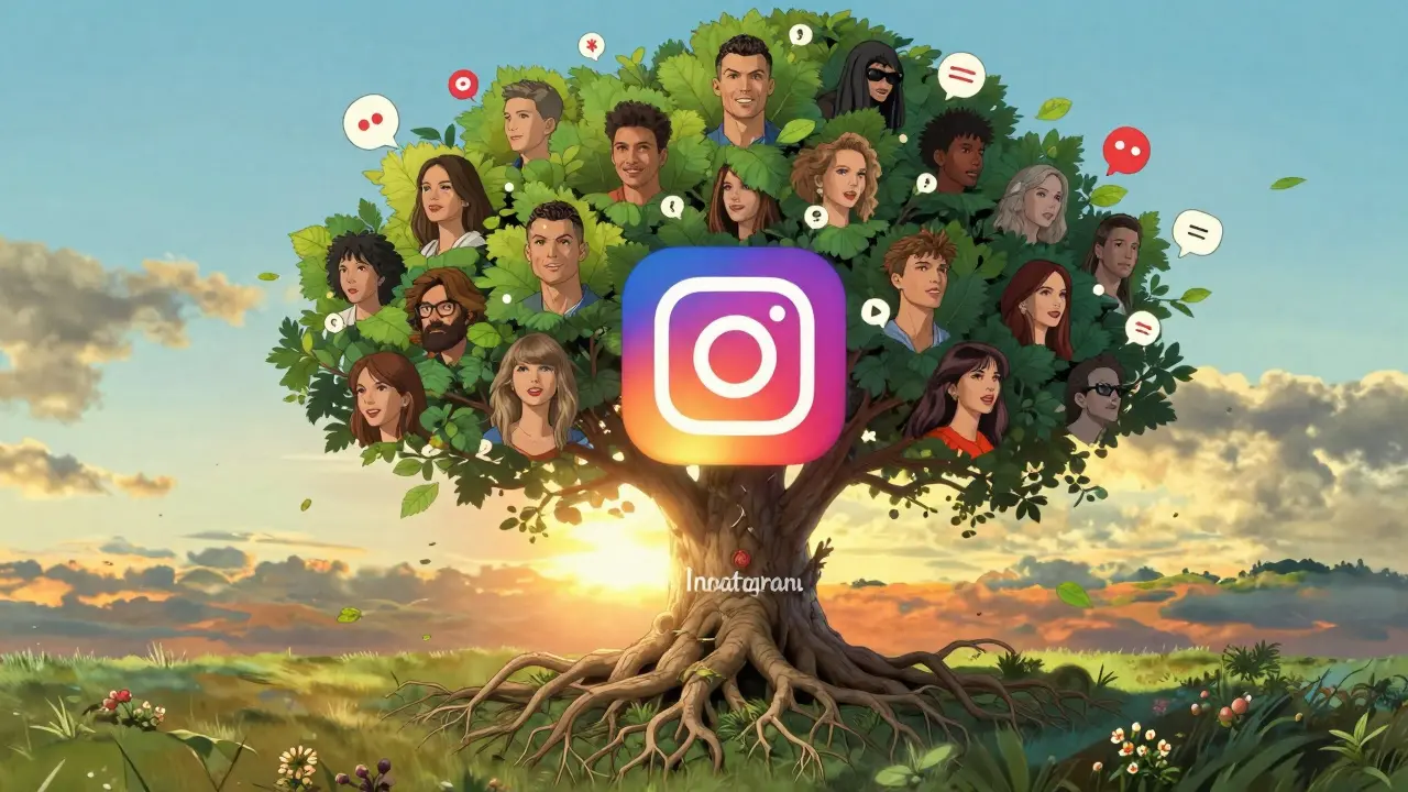 A tree growing from an Instagram logo with icons of top influencers as roots and diverse faces as leaves.