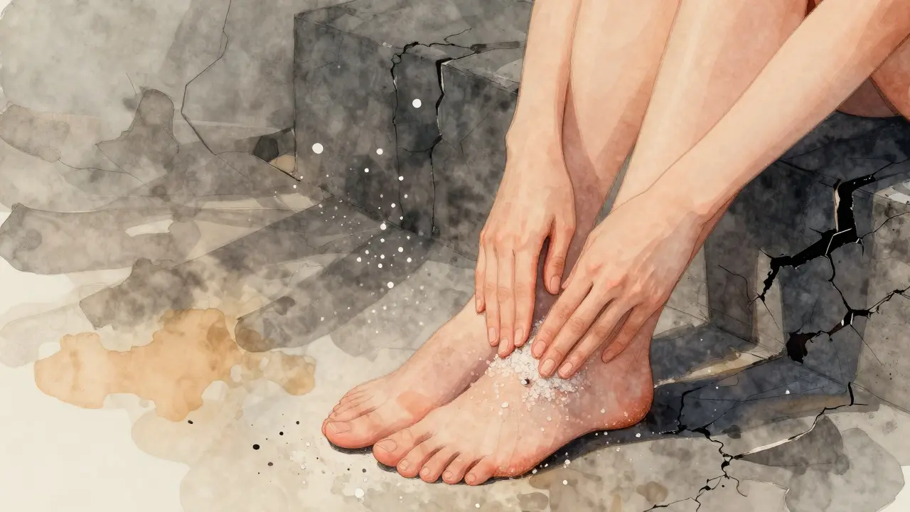 A woman applying salt scrub to her feet as a shadowy damaged skin barrier looms behind her.