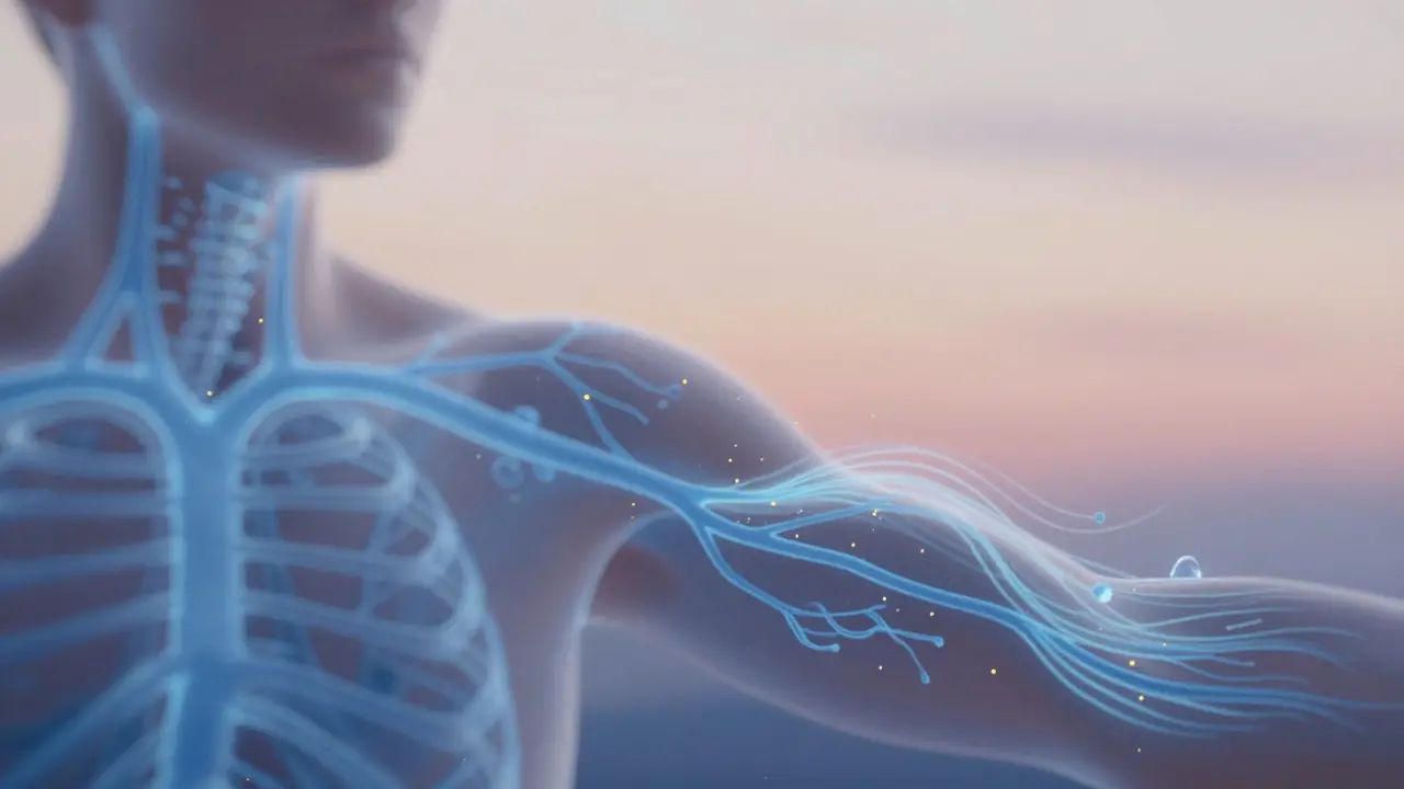 Abstract representation of lymphatic fluid being gently moved through translucent vessels beneath the skin.