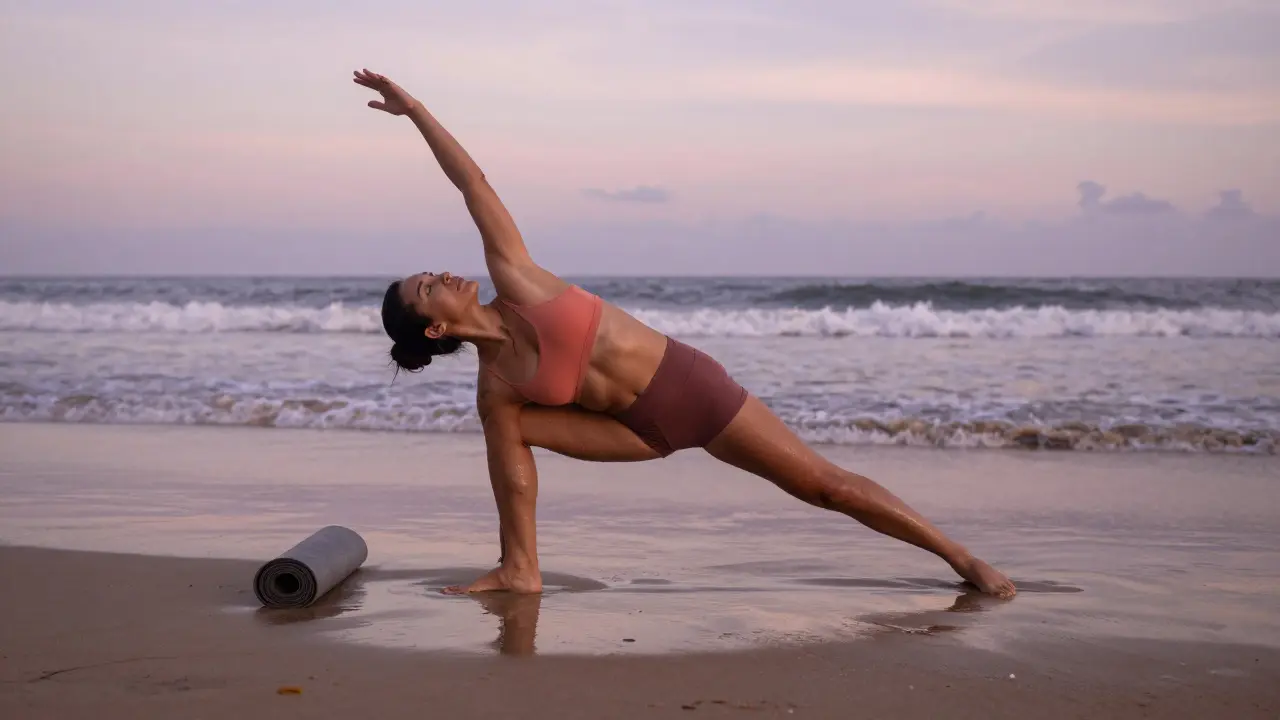 Amara Reyes doing yoga on a beach at sunrise, natural skin, no filters, ocean in background.