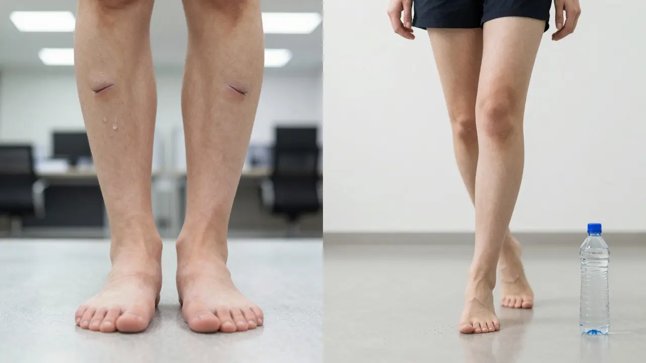 Before-and-after comparison: puffy face and swollen ankles versus radiant, relaxed posture.