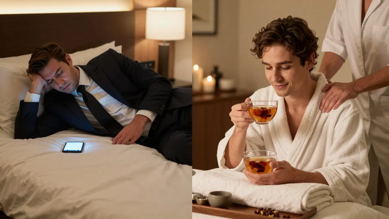 Before-and-after scene: stressed traveler transformed into relaxed guest after Swedish massage in Dubai.