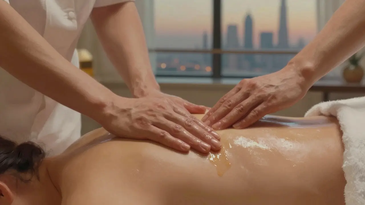 Close-up of hands kneading shoulder muscle with massage oil under soft spa lighting.