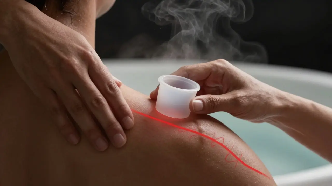 Close-up of silicone cup on shoulder with glowing circulation lines, steam rising in background.