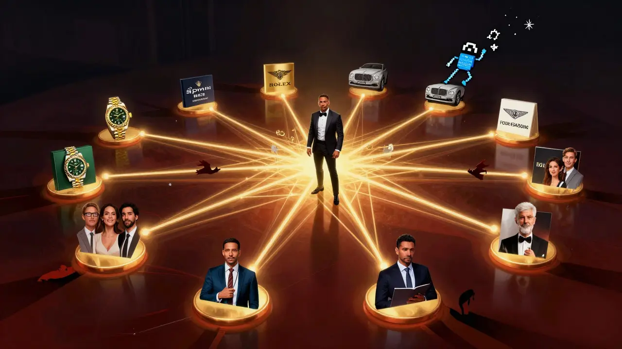 Conceptual network of glowing brand connections around a Dubai influencer, with one thread breaking from fake followers.