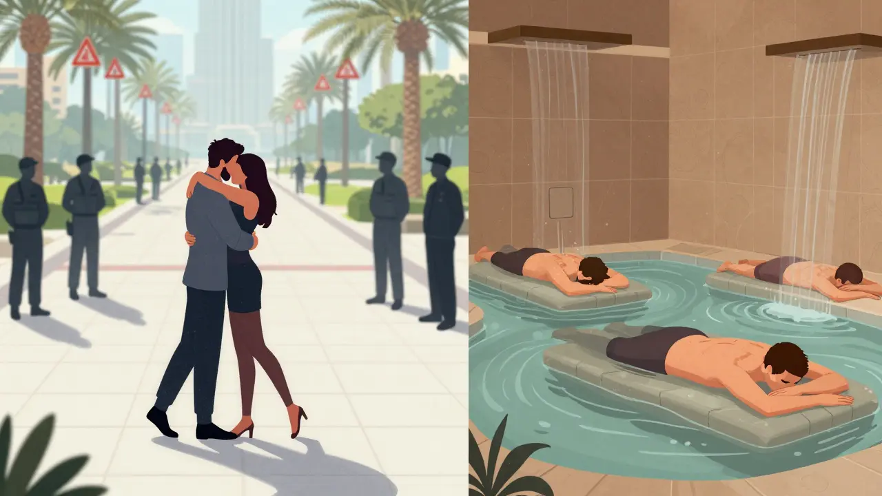 Contrasting scenes: a public hug under surveillance vs. a peaceful massage in a traditional hammam.