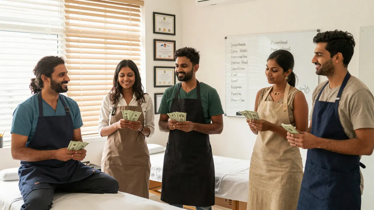 Diverse group of massage therapists in a Dubai clinic break room counting tips, with family photos and certificates on the wall.