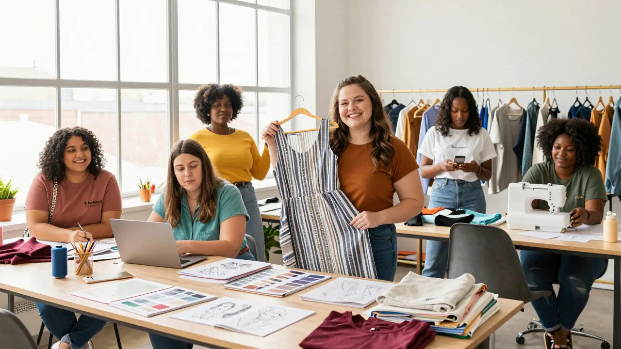 Diverse plus-size women designing clothing in a bright studio, surrounded by fabric and branded apparel.