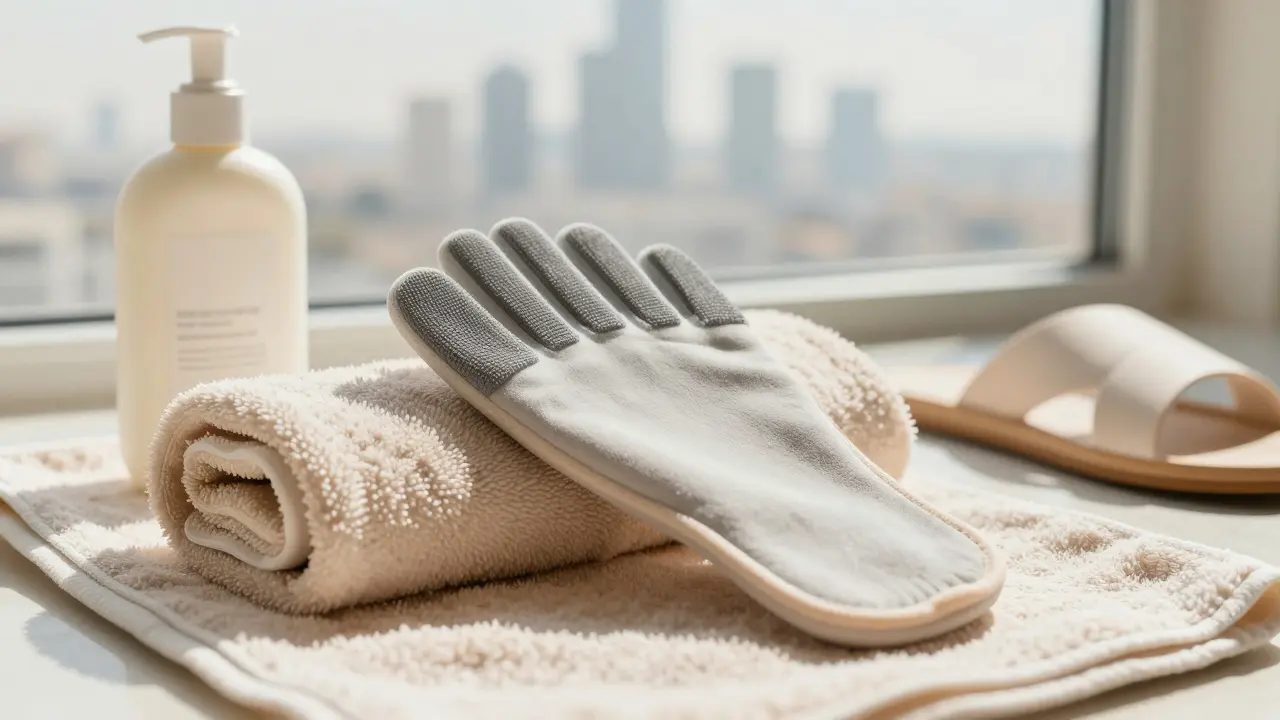 Double-sided exfoliating glove resting on towel with lotion and sandals, sunlight streaming in.