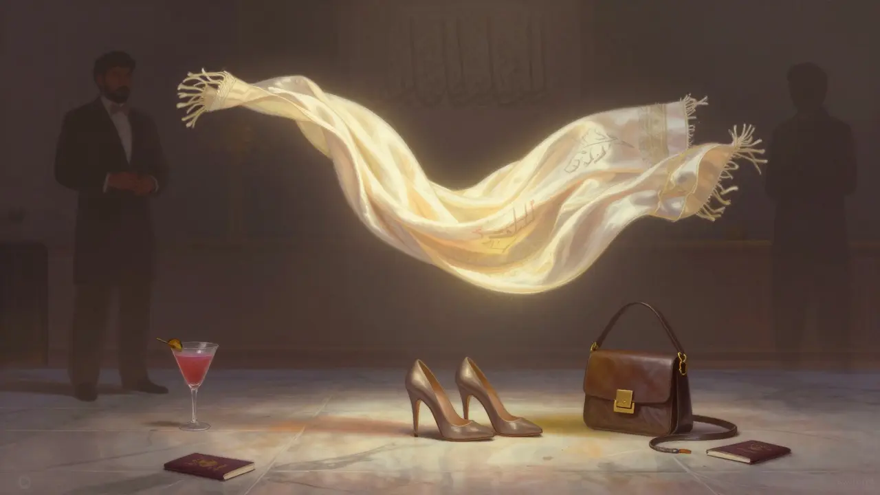 Floating shawl above heels and bag, symbolizing cultural respect for a night out in Dubai.