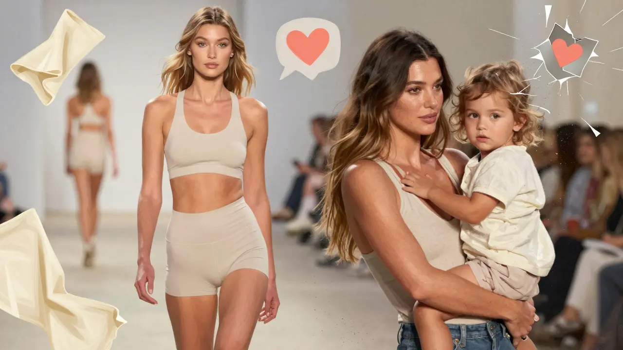 Gigi Hadid and Emily Ratajkowski in elegant yet candid poses with symbolic elements around them.