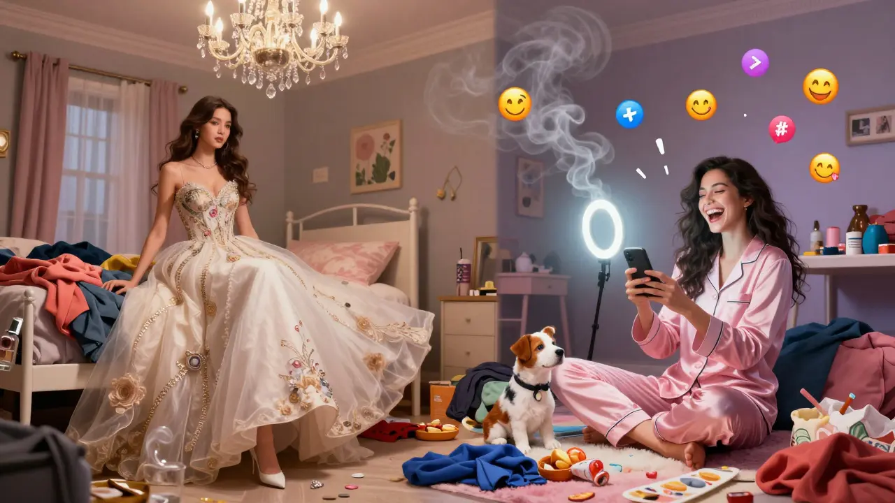Luna Chen in a dorm room split between high fashion and casual pajamas with her dog.