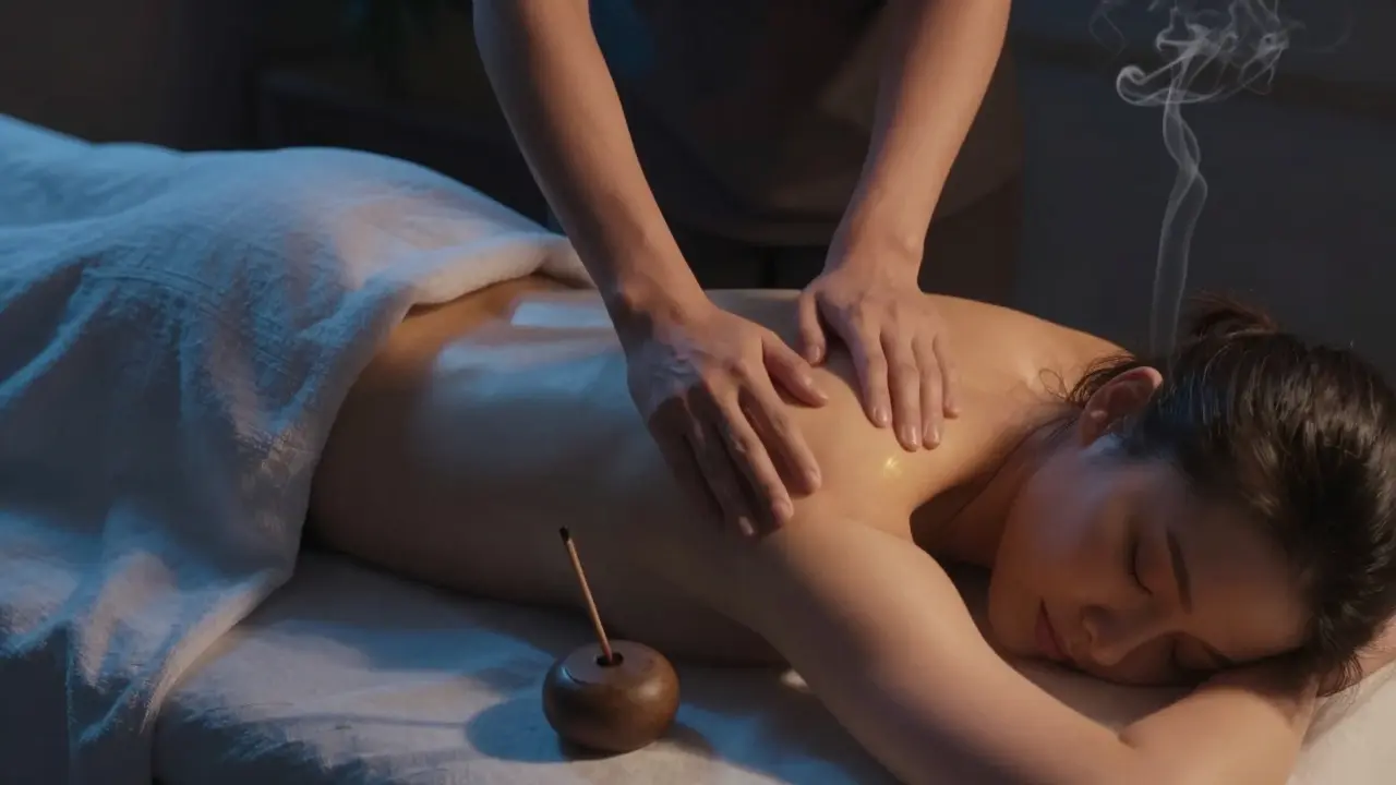 Person receiving massage with warm stones on shoulders, relaxed and calm under soft lighting.