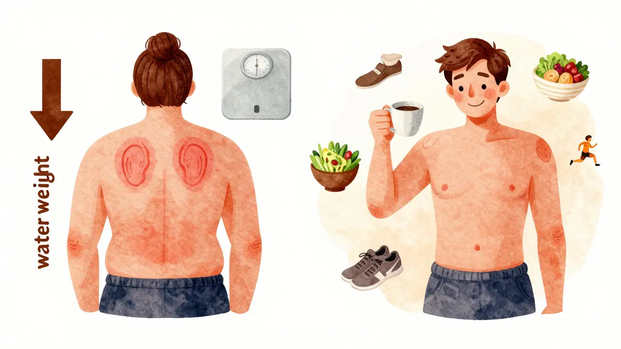 Side-by-side visual of temporary water weight loss versus true wellness through sleep, diet, and movement.